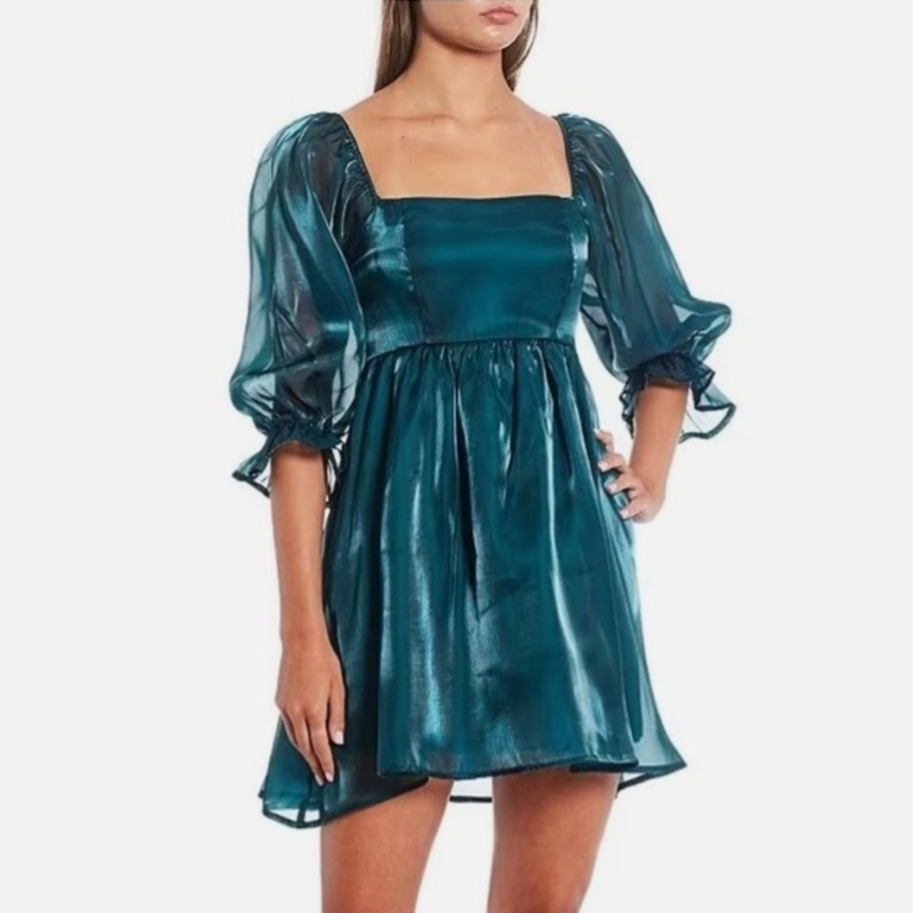 Teal Satin Square-Neck Mini Dress